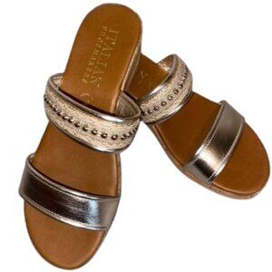 New 8 ✨ Women's Italian Leather Sandal Wedges Gold Heels Shoes Brown Cork Pretty